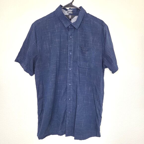 Volcom Modern Fit Button Up Short Sleeve Shirt Dark Blue Skater Mens Size Large - Picture 1 of 9